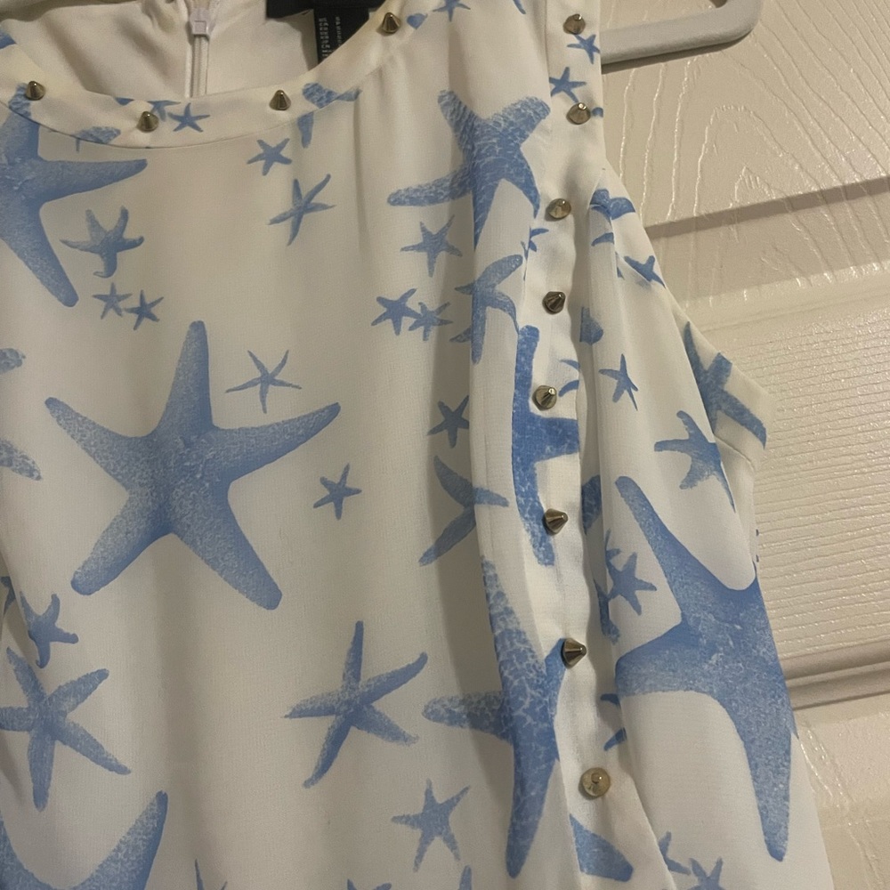 Starfish summer dress. Blue and white. Silver stud accents.